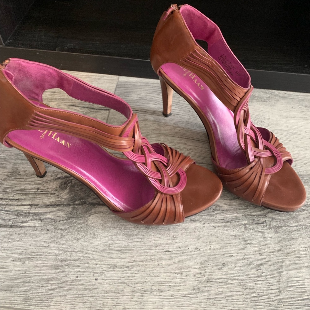 Cole Haan 4inch sandals, tan with purple hints, size 9 1/2. Slightly worn